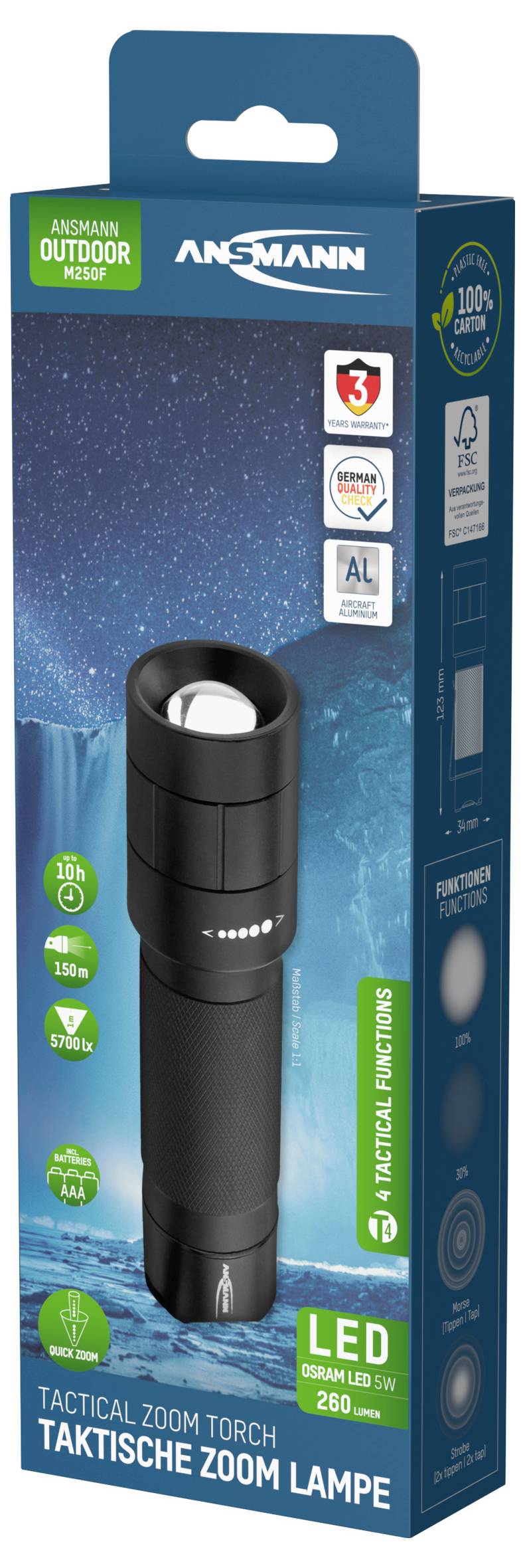 Taschenlampenverpackung mit LED-Lampe, 260 Lumen, wasserresistent. Aufschrift: 'Taktische Zoom Lampe', geeignet für Outdoor.