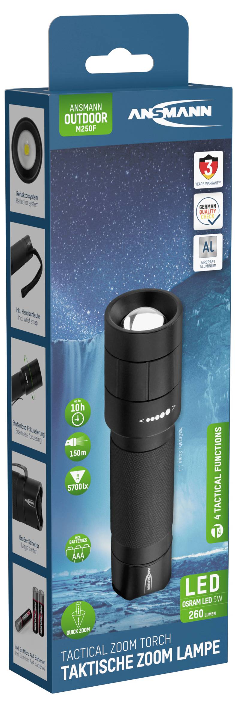 Verpackung einer taktischen Zoom-Lampe von Ansmann mit LED-Technologie. Enthält Abbildungen und technische Daten zur Leistung.