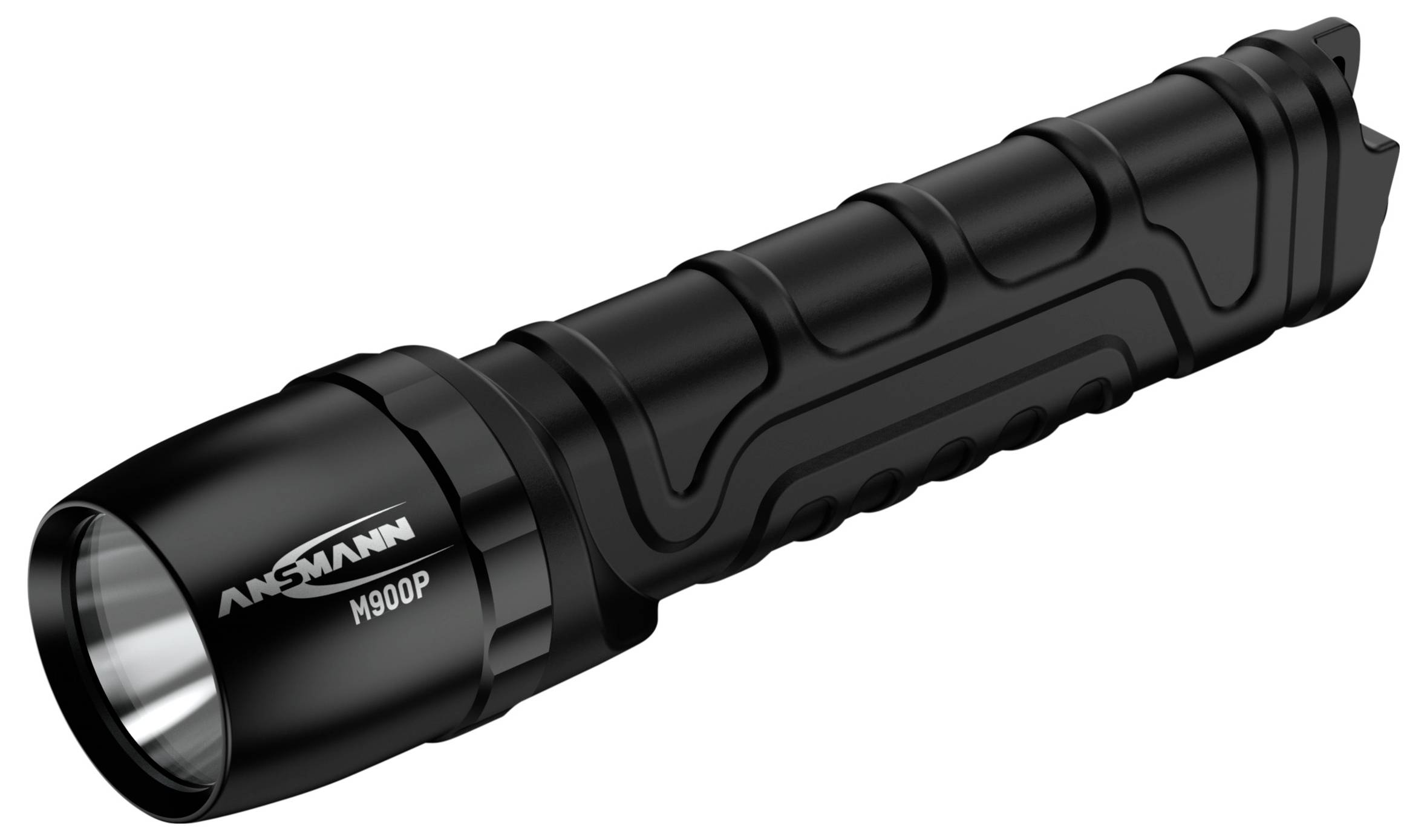Taschenlampe, schwarz, mit geripptem Griff für verbesserten Halt. Modell 'M900P' von Ansmann, geeignet für Outdoor-Aktivitäten.