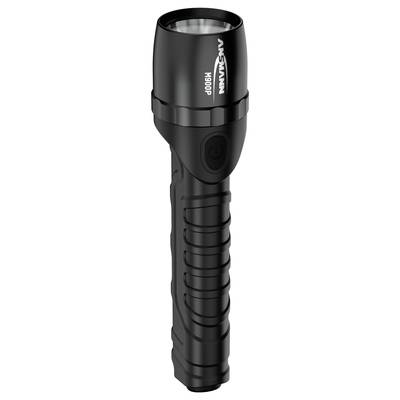 Eine schwarze, robuste Taschenlampe mit strukturiertem Griff und ein- und ausschaltbarem Knopf, geeignet für Outdoor-Aktivitäten.