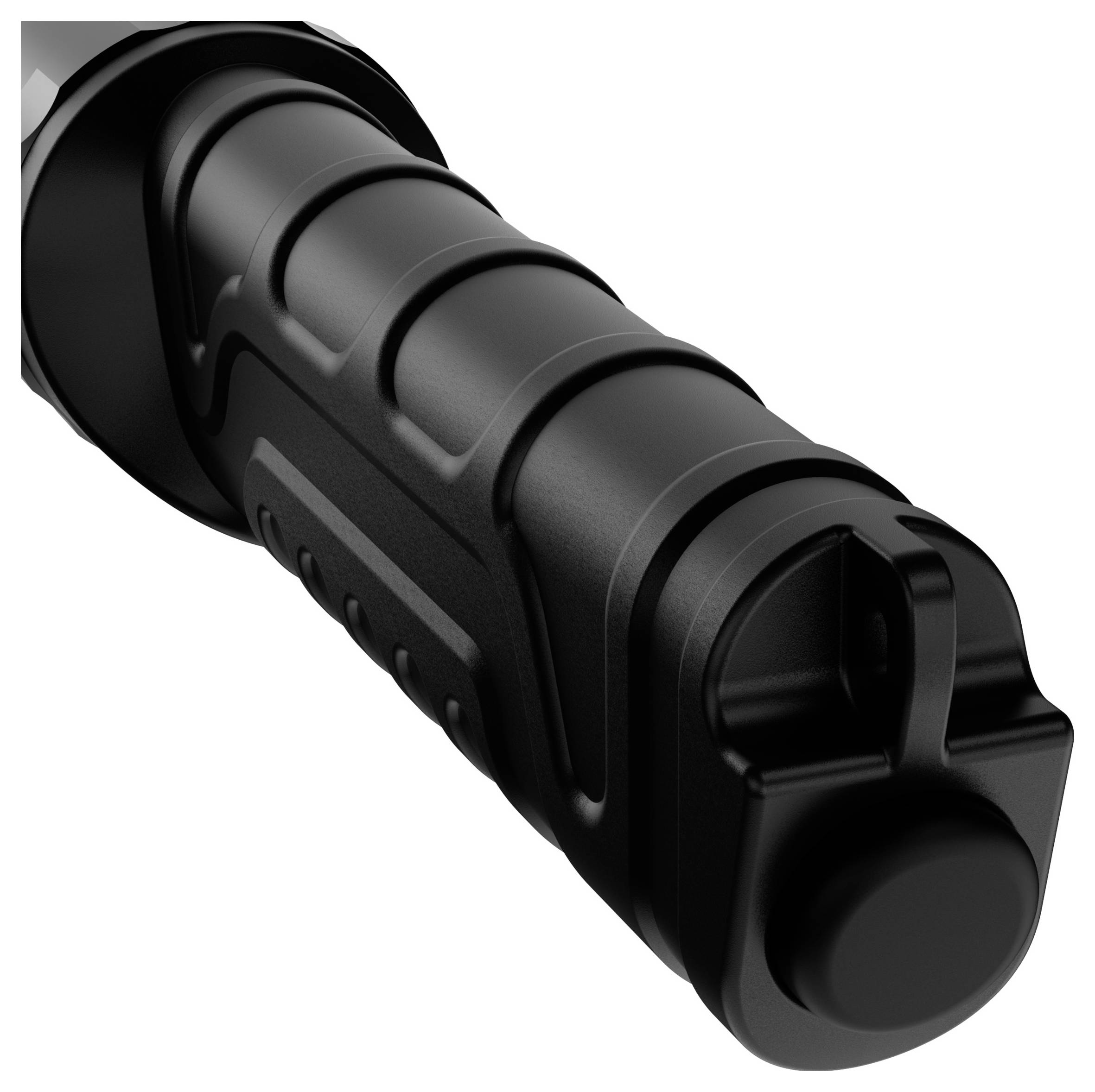 Schwarzer ergonomischer Griff einer Taschenlampe mit strukturierten Rillen für besseren Halt.