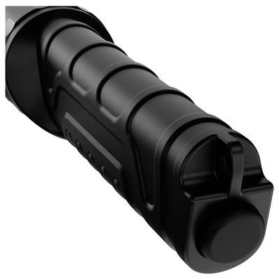 Schwarzer ergonomischer Griff einer Taschenlampe mit strukturierten Rillen für besseren Halt.