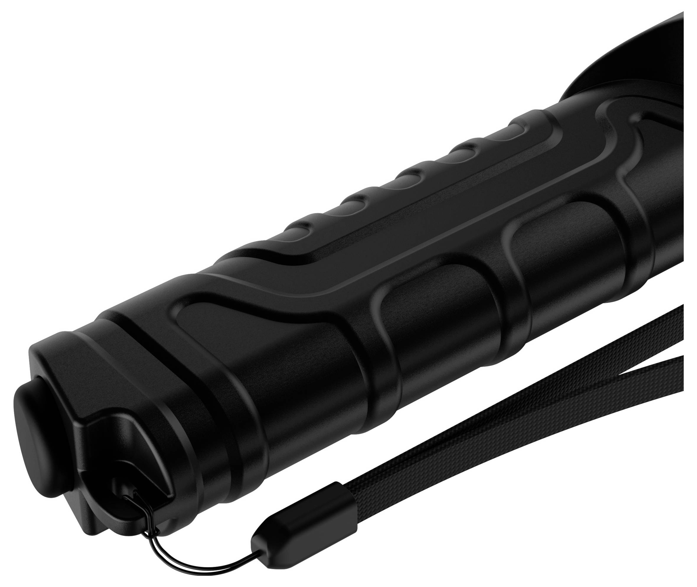 Schwarzer, strukturierter Griff einer Taschenlampe mit Handschlaufe.