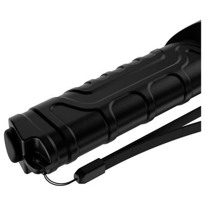 Schwarzer, strukturierter Griff einer Taschenlampe mit Handschlaufe.