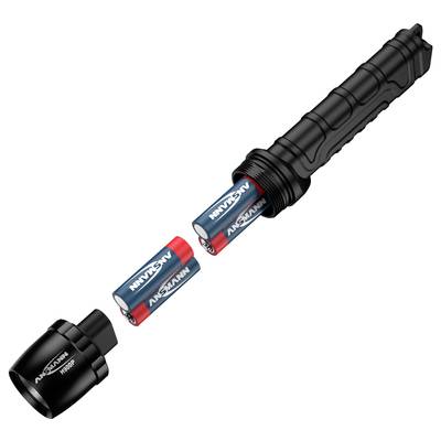 'Zerlegte Taschenlampe mit zwei sichtbaren AA-Batterien, eine in Rot/Blau, zeigt die korrekte Platzierung der Batterien im Gehäuse.'