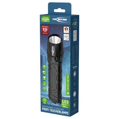 'Profi Taschenlampe LED 930 Lumen, 246 m Reichweite, spritzwassergeschützt, stoßfest. Verpackung zeigt Taschenlampe und Details.'