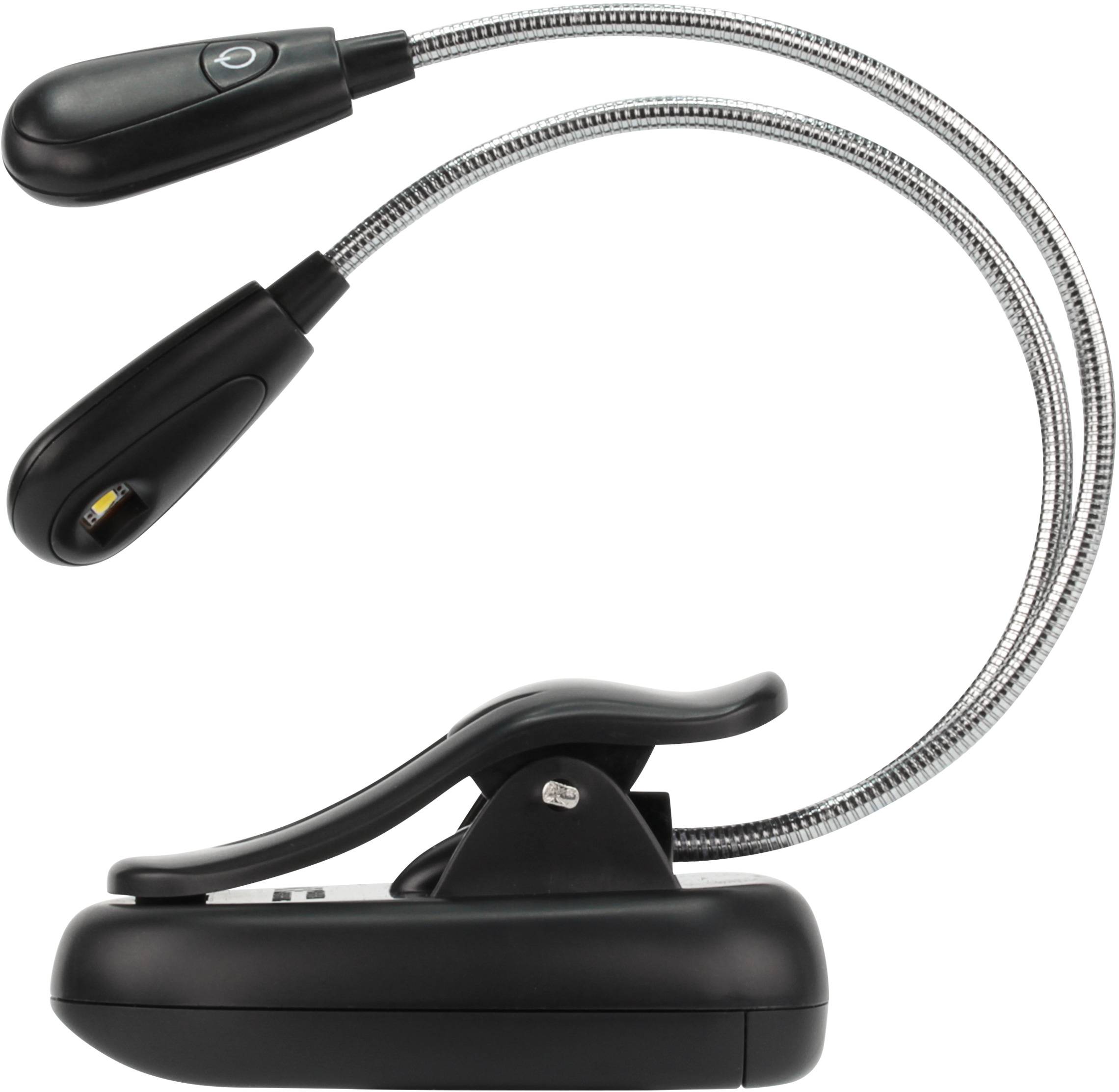 Zwei flexible LED-Leselampen mit schwarzem Clip, ideal zum Befestigen an Büchern oder Regalen, mit einem Ein-/Ausschalter oben.