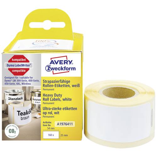 Thumbnail - Avery-Zweckform Etiketten Rolle Kompatibel ersetzt DYMO 1976411 25 x 54 mm Folie Weiß 160 St. Permanent haftend Universa...