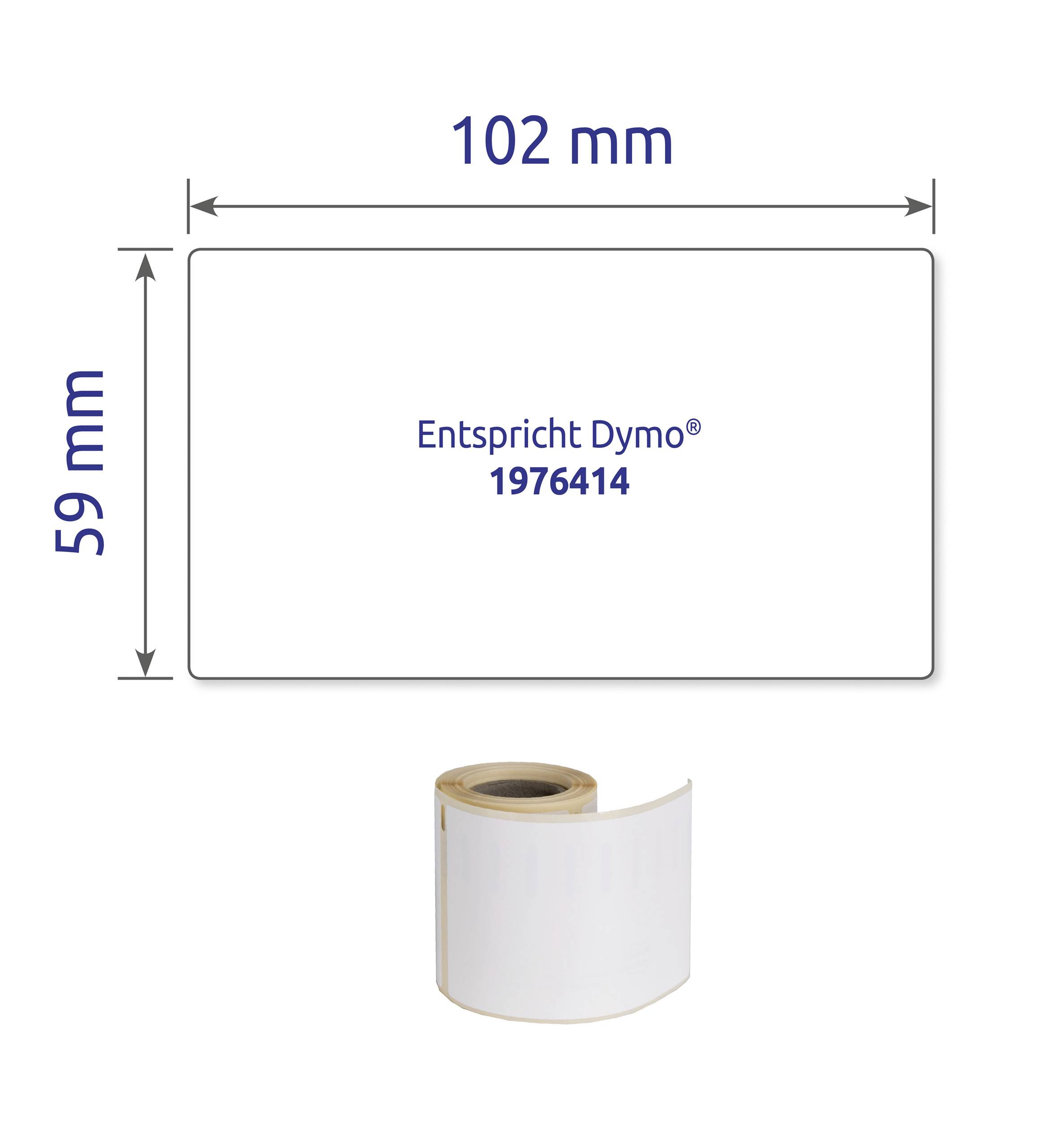 Etikett mit den Maßen 102 mm x 59 mm, Beschriftung 'Entspricht Dymo® 1976414', Darstellung einer Rolle mit weißen Etiketten.