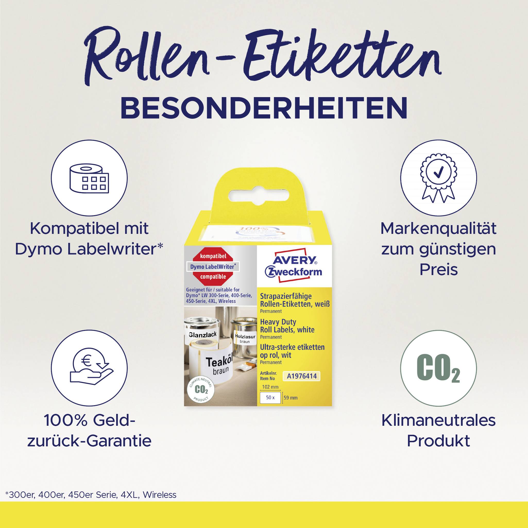 Verpackung einer Avery Zweckform Rolle Etiketten. Text: 'Rollen-Etiketten Besonderheiten'. Symbole für Garantie, Qualität und Klimafreundlichkeit.