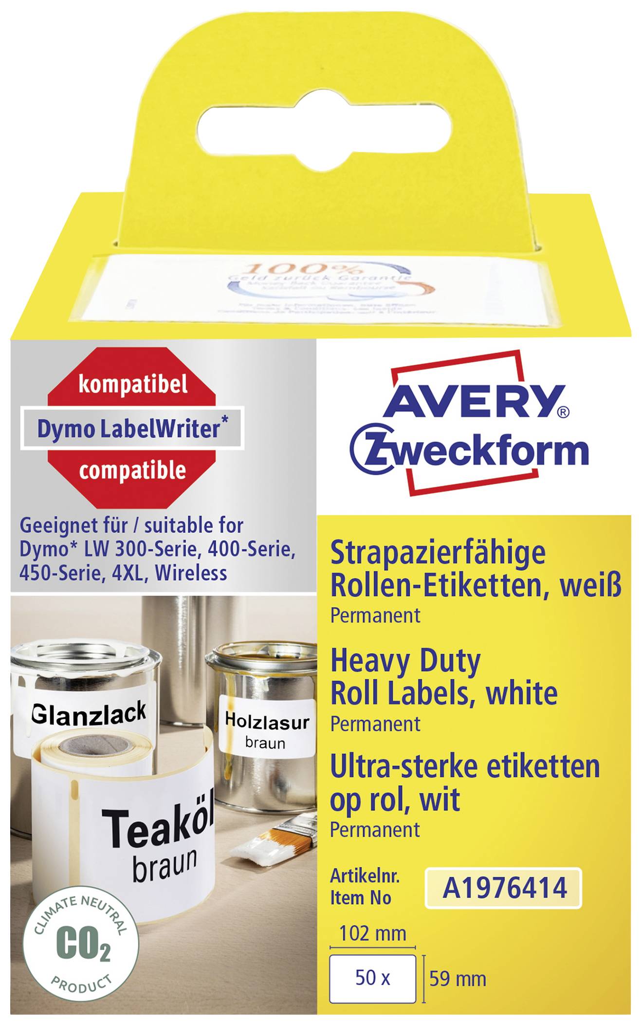 'Strapazierfähige Rollen-Etiketten, weiß, 102 mm x 59 mm, kompatibel mit Dymo LabelWriter. Artikelnummer: A1976414.'