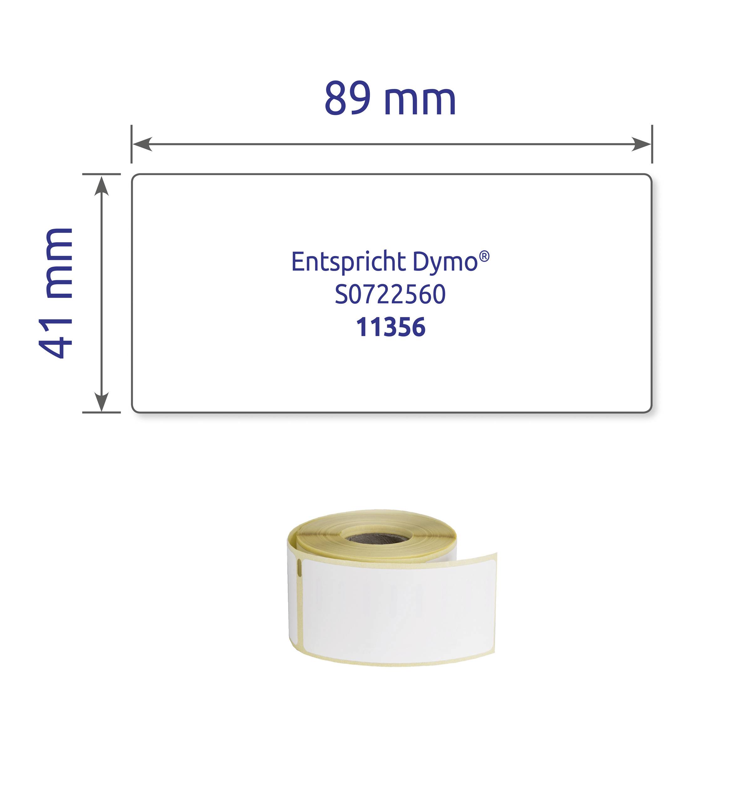 Etikett mit der Aufschrift 'Entspricht Dymo® S0722560 11356', Größe 89 mm x 41 mm, neben einer Rolle mit ähnlichen Etiketten.
