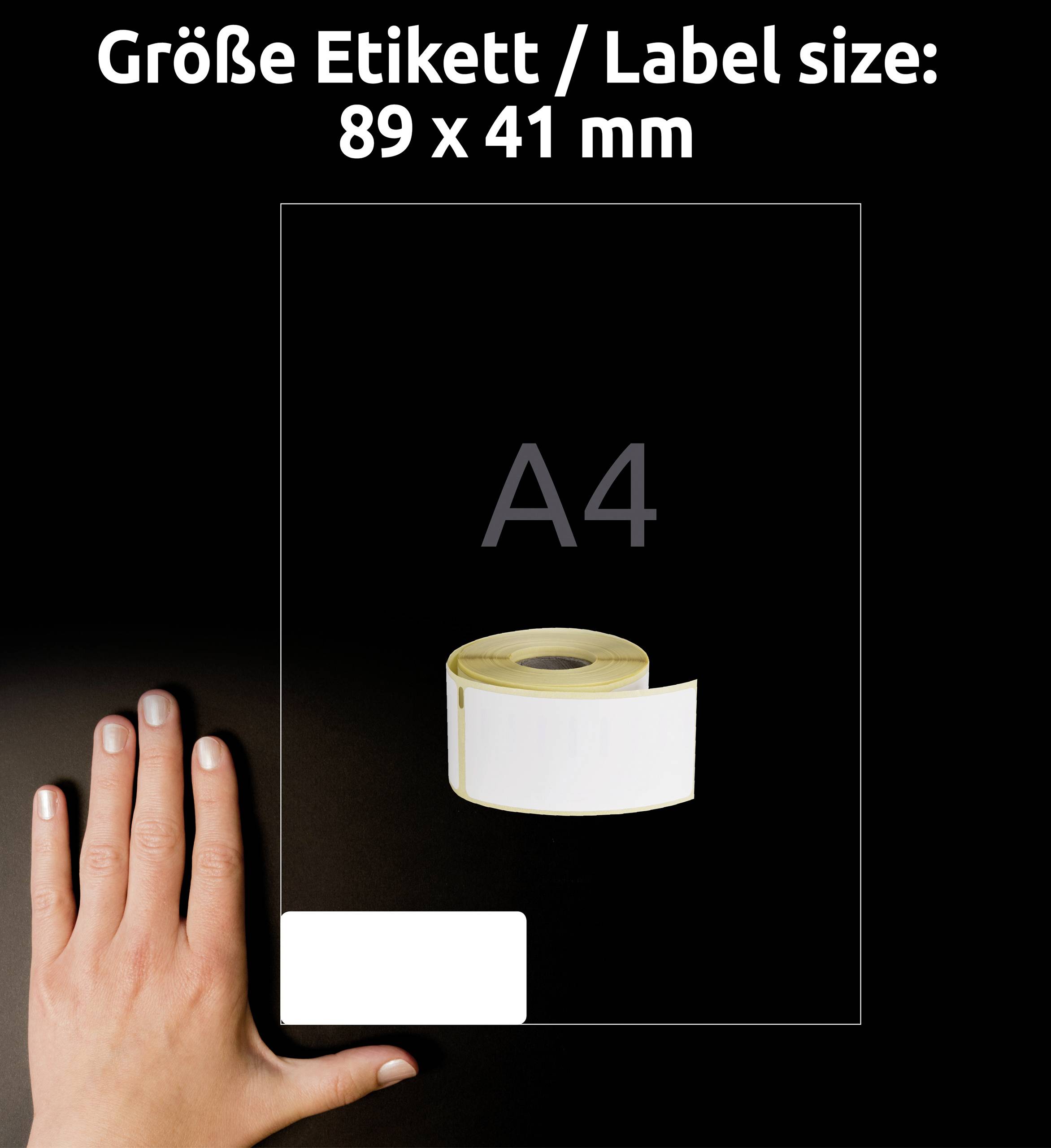 Etikett in der Mitte eines A4-Blattes dargestellt. Hand links zum Größenvergleich. Text oben: 'Größe Etikett / Label size: 89 x 41 mm'.