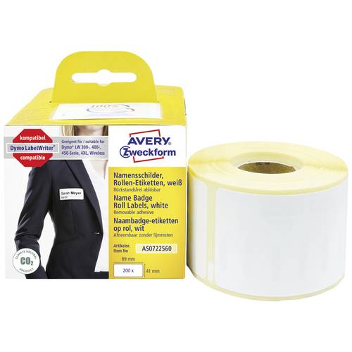Thumbnail - Avery-Zweckform Etiketten Rolle Kompatibel ersetzt DYMO 11356, S0722560 41 x 89 mm Folie Weiß 200 St. Wiederablösbar Nam...