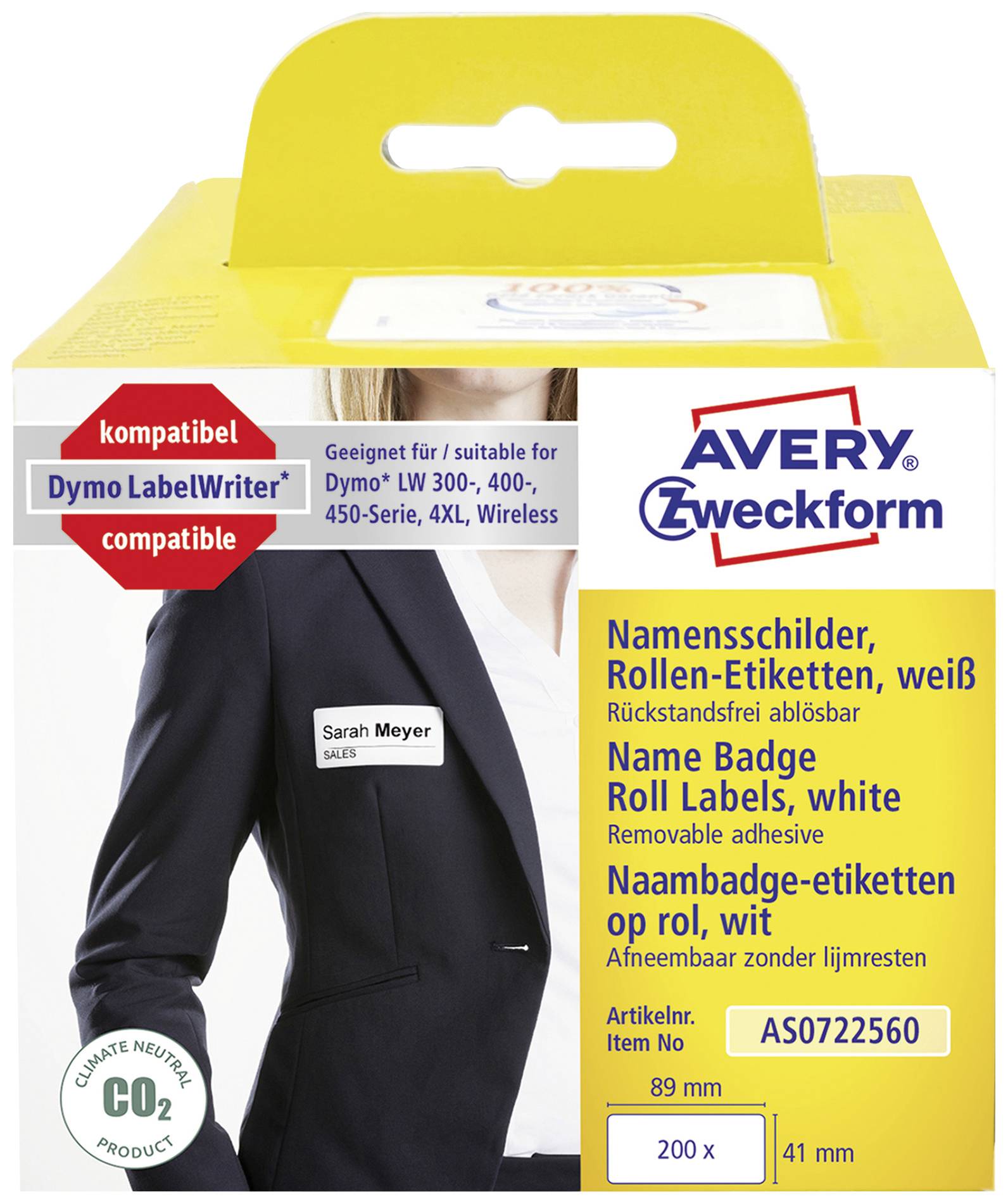 Weißer Karton für Namensschilder und Roll-Etiketten, kompatibel mit Dymo LabelWriter. Enthält Größenangaben und Artikelnummer.
