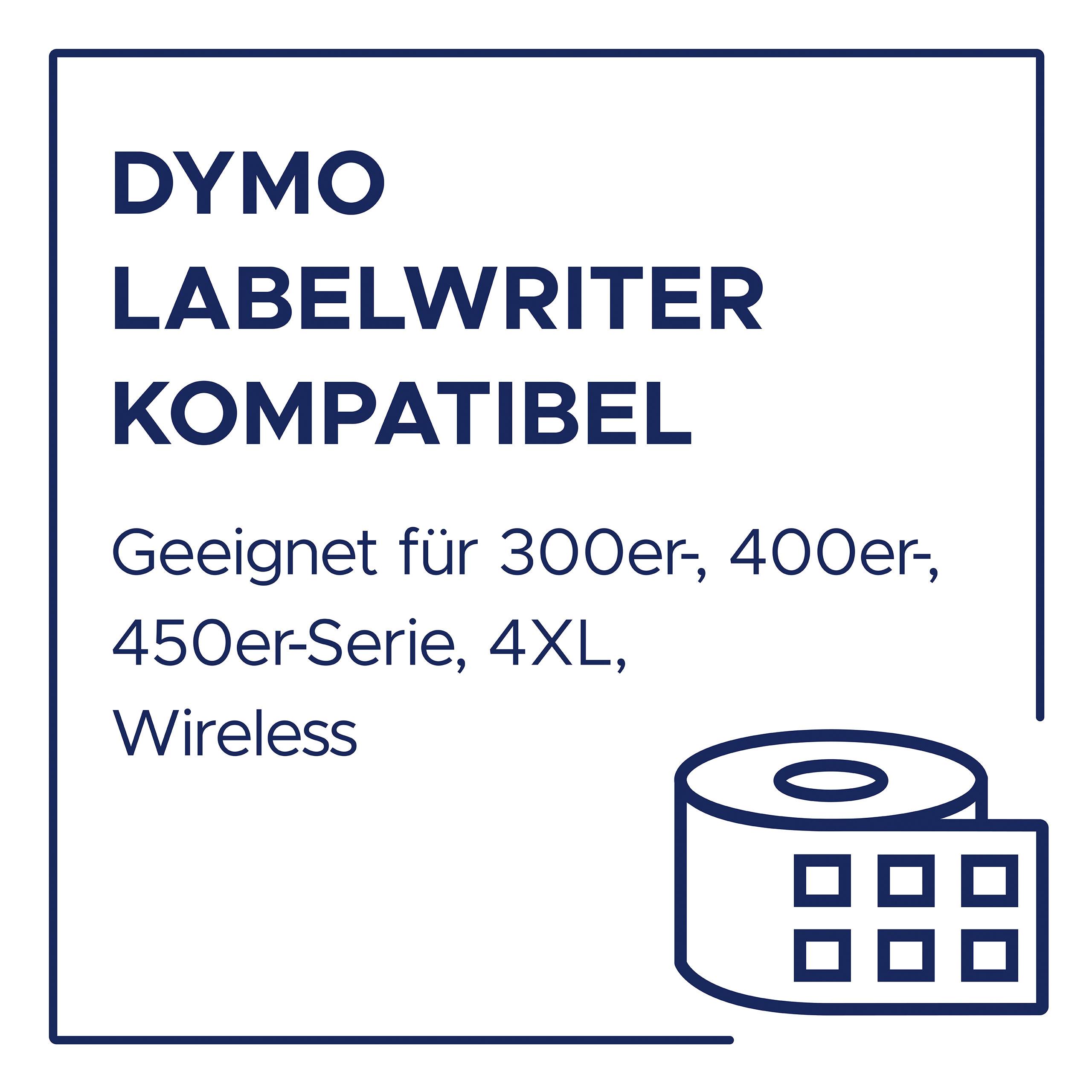 'DYMO LabelWriter kompatibel. Geeignet für 300er, 400er, 450er-Serie, 4XL, Wireless.' Ein Symbol einer Etikettenrolle.
