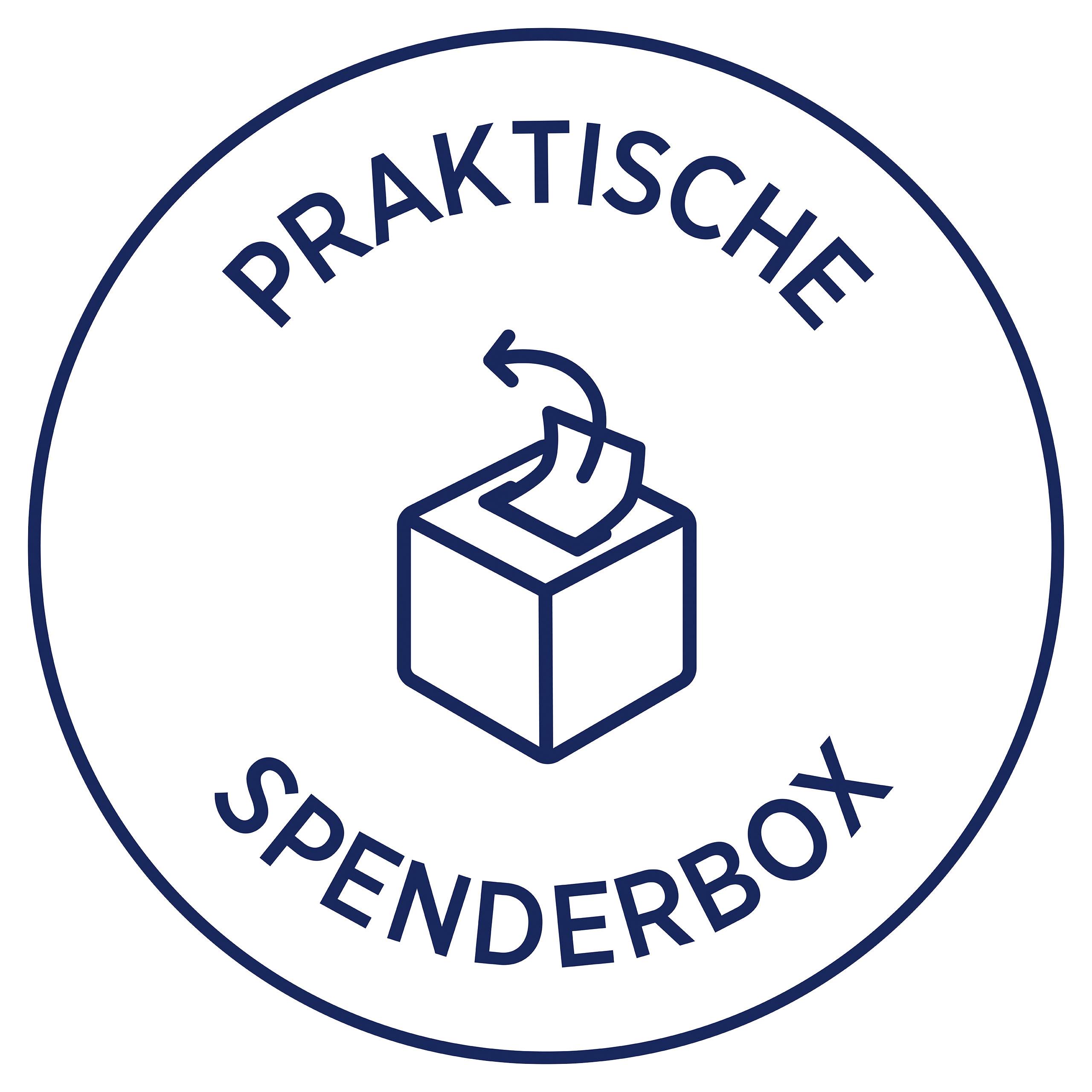 'Praktische Spenderbox' mit einem Icon einer Box, aus der ein Blatt Papier entnommen wird.
