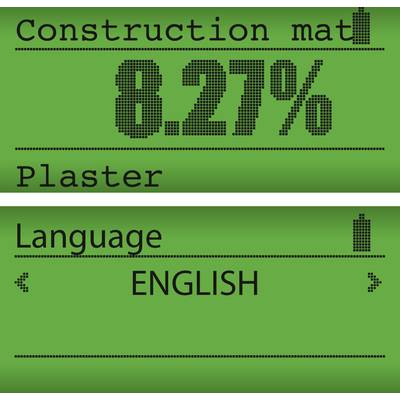 Anzeige eines Geräts: 'Bau-Materialien, Putz, 8,27%' in großen Ziffern. Darunter steht 'Sprache, Englisch'. Grüner Hintergrund.