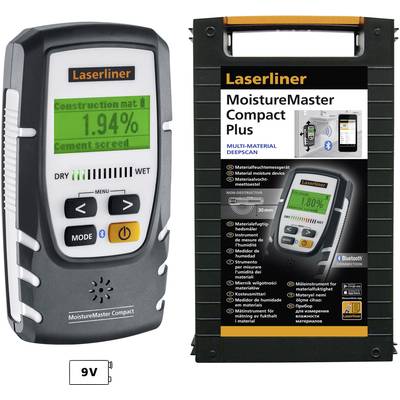 Feuchtigkeitsmessgerät 'MoistureMaster Compact Plus' von Laserliner zeigt 1,94% auf Display. Verpackung daneben mit Produktdetails.