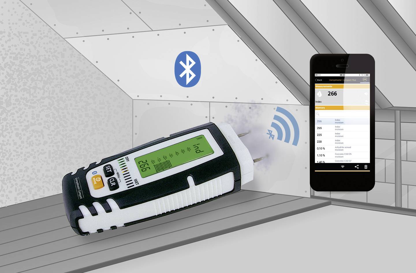 Ein digitaler Feuchtigkeitsmesser sendet Daten an ein Smartphone. Der Bildschirm zeigt 26,6%. Bluetooth-Symbol deutet auf Verbindung hin.