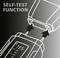 Schwarz-weiß Diagramm eines Geräts mit Selbsttest-Funktion, zeigt Display und Anschlüsse. Text: 'SELF-TEST FUNCTION'.