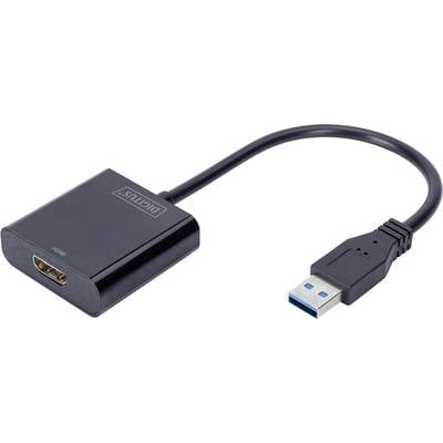 USB-zu-HDMI-Adapterkabel, schwarz. Links HDMI-Anschluss, rechts USB-Stecker. Wandelt USB-Signale in HDMI um für Bildschirme oder Fernseher.