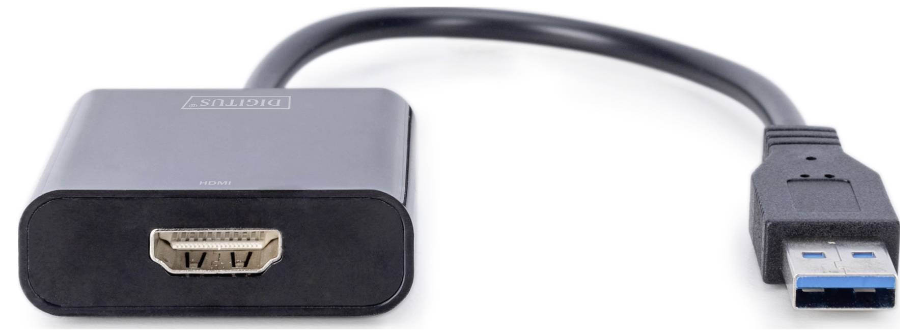Ein schwarzes Adapterkabel mit HDMI-Anschluss auf der einen Seite und USB 3.0-Stecker auf der anderen Seite.