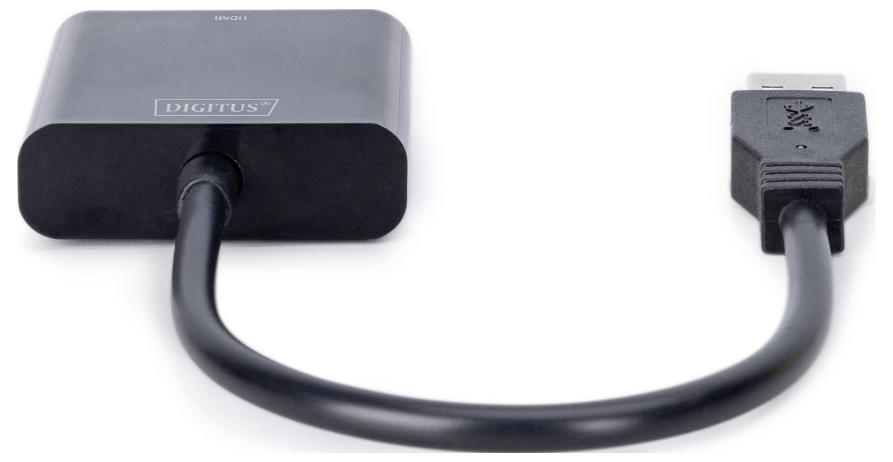 Ein schwarz-graues USB-Adapterkabel, eine Seite mit rechteckigem Gehäuse und aufgedrucktem 'DIGITUS'-Logo, andere mit USB-Stecker.