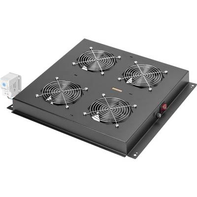 Eine schwarze Metallkühleinheit mit vier Lüftern in einer Gitteranordnung, featuring einen roten Schalter an der Seite und eine kleine graue Steuerbox angebracht.