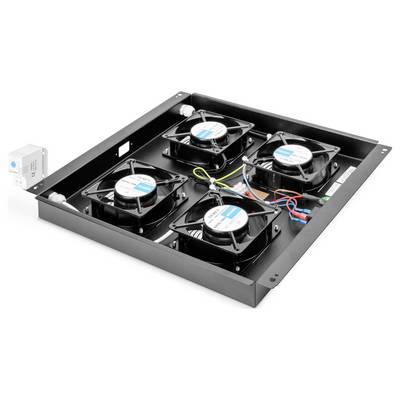 'Vier schwarze Kühlventilatoren, die in einem quadratischen Metalltablett angebracht sind, mit Spezifikationen gekennzeichnet, verbunden durch Drähte mit einer kleinen grauen Steuereinheit an der Seite.'