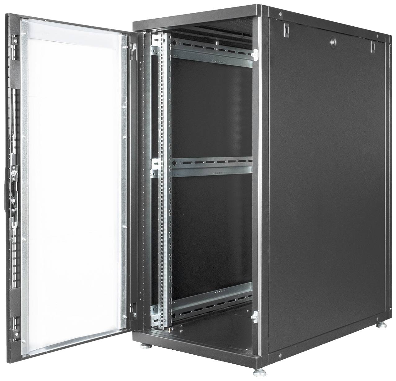 Schwarzer Server-Rack mit geöffneter Glastür, zeigt zwei einstellbare Regalböden im Inneren. Ideal für Netzwerk- oder Serverausrüstung.