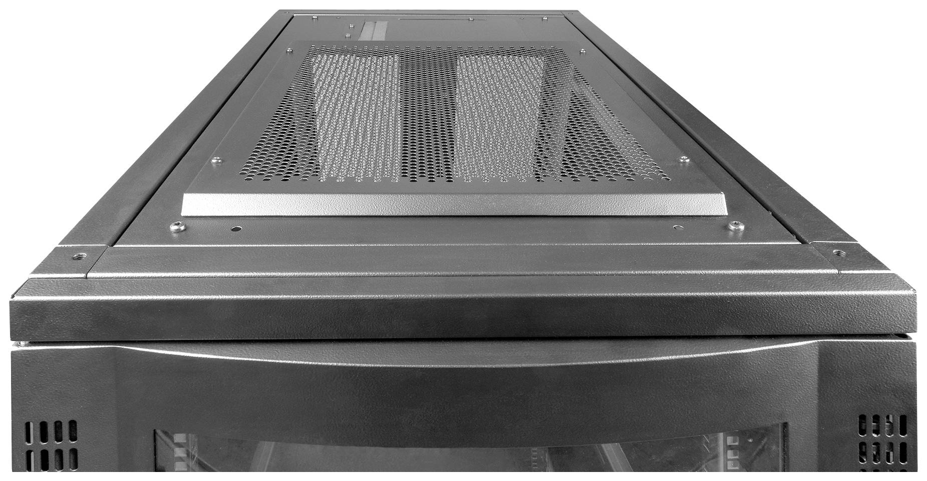 'Metallisches Rack-Gehäuse mit belüftetem Gittereinsatz oben, Ansicht von oben; geeignet für Server oder technische Ausrüstung.'