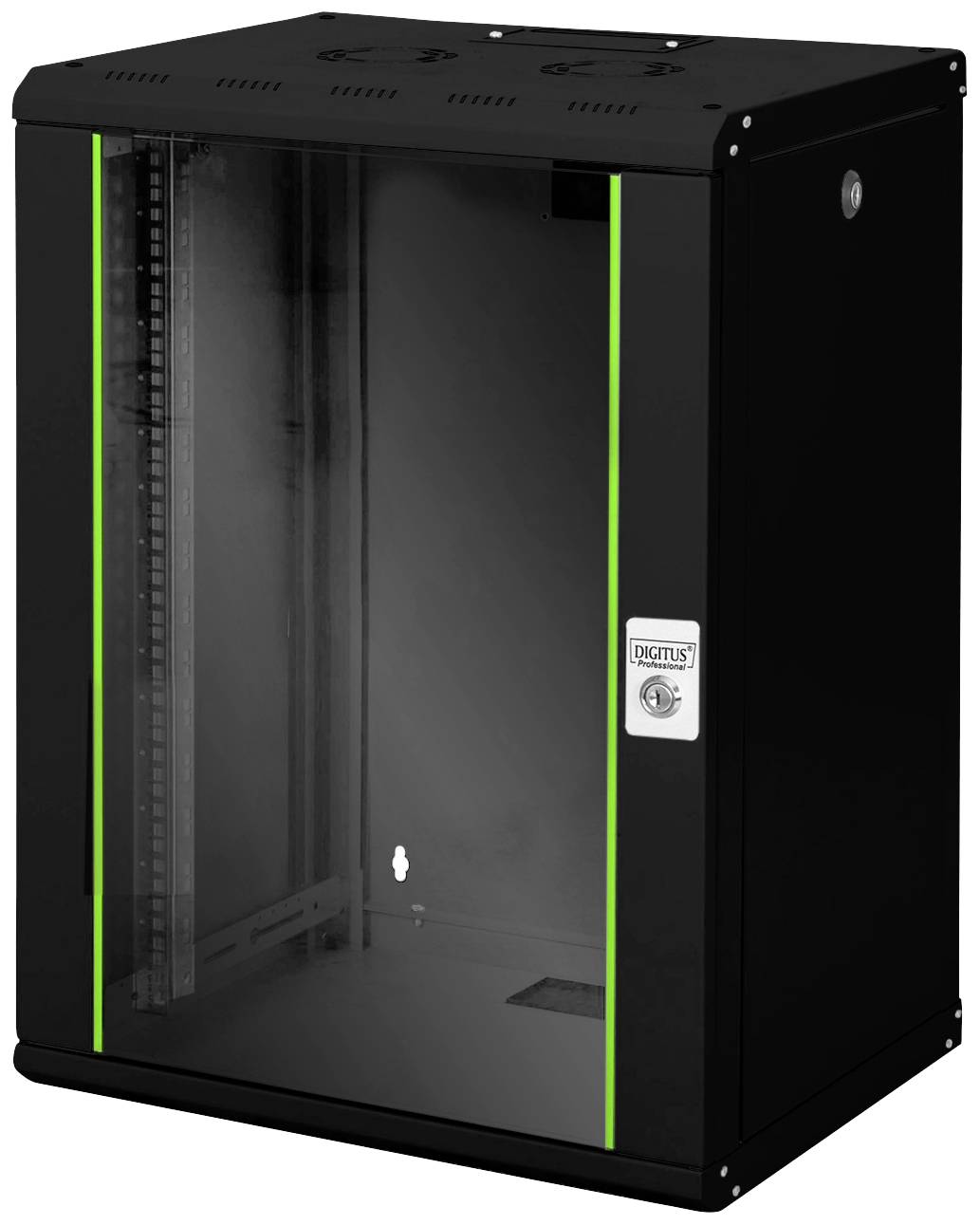 Ein schwarzer Server-Schrank mit Glastür und Schloss, geeignet zur sicheren Aufbewahrung von elektronischen Geräten.