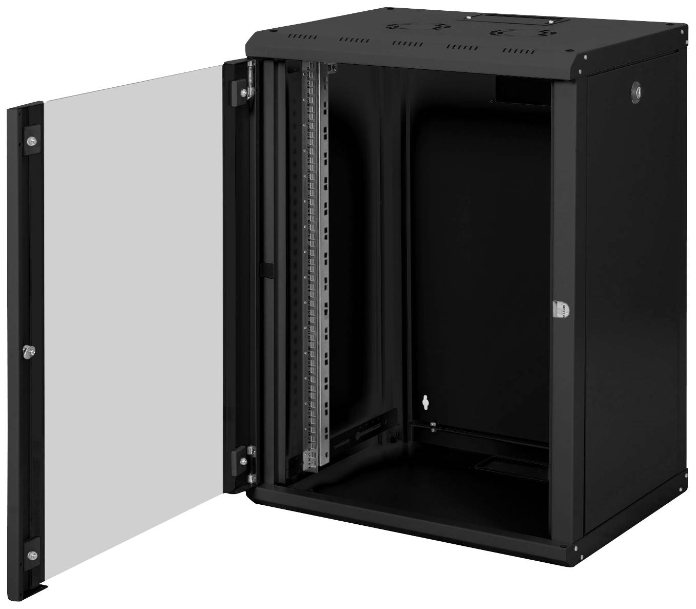 Ein schwarzer Server-Rack-Schrank mit offener Glastür, geeignet für die Montage von Netzwerk- oder Servergeräten an der Wand.