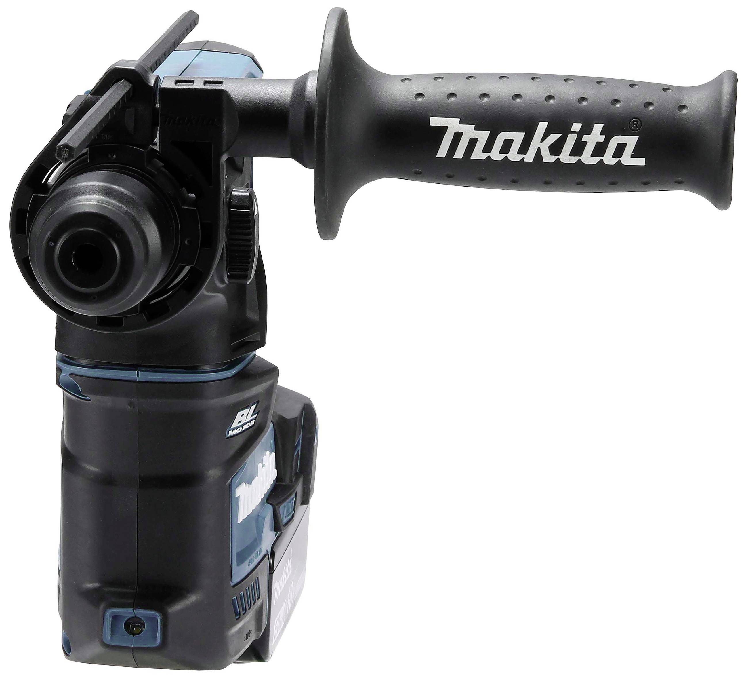 Akkubohrhammer mit seitlichem Griff und 'Makita'-Logo auf dem Griff, professionelle Bau- und Handwerksausrüstung.