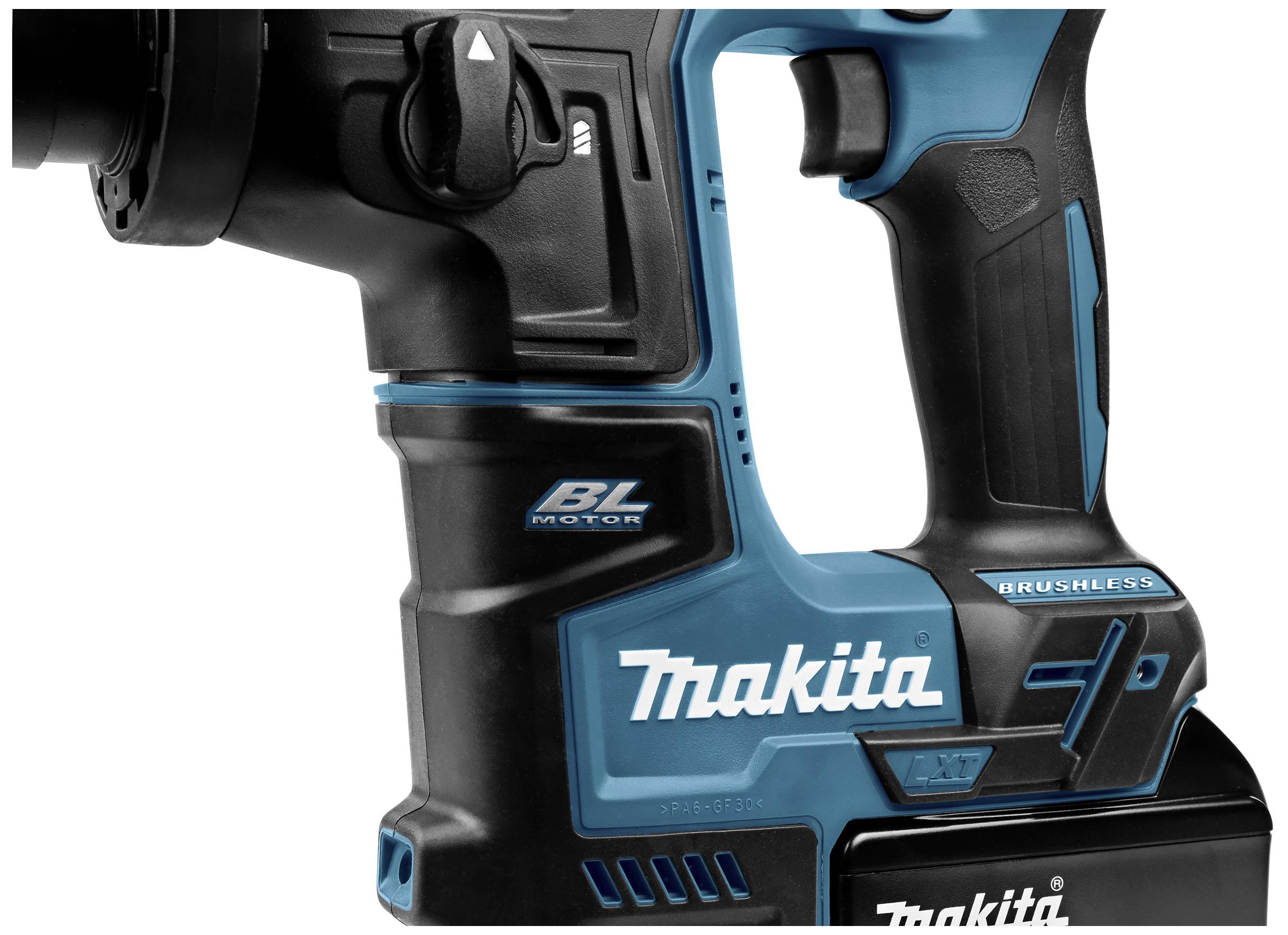 Ein blau-schwarzer Makita Akkubohrhammer mit bürstenlosem Motor und ergonomischem Griff. Schalter und Logos sind deutlich sichtbar.