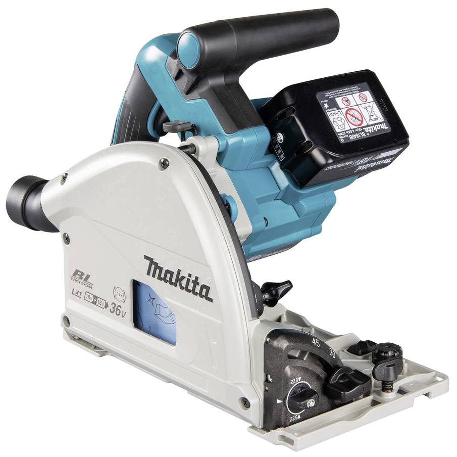 Tauchsäge von Makita, Modell mit blau-schwarzem Gehäuse. Ansicht von der Seite, zeigt Bedienknöpfe und Sicherheitskennzeichnungen.