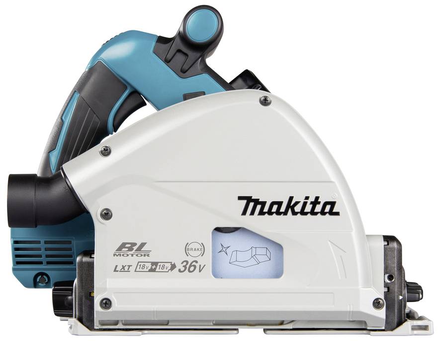 Akkubetriebene Tauchsäge von Makita, Modell LXT 18V, weiß-blau, seitlich abgebildet. Ideal für präzise Holzschnitte.