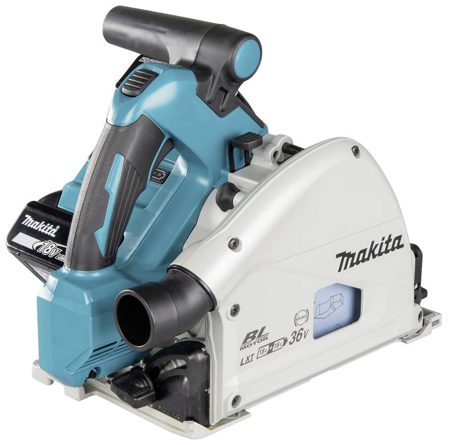 Ein blau-weißer Makita-Akku-Handkreissägen mit einem schwarzen Griff, geeignet für präzise und kabellose Schnitte.