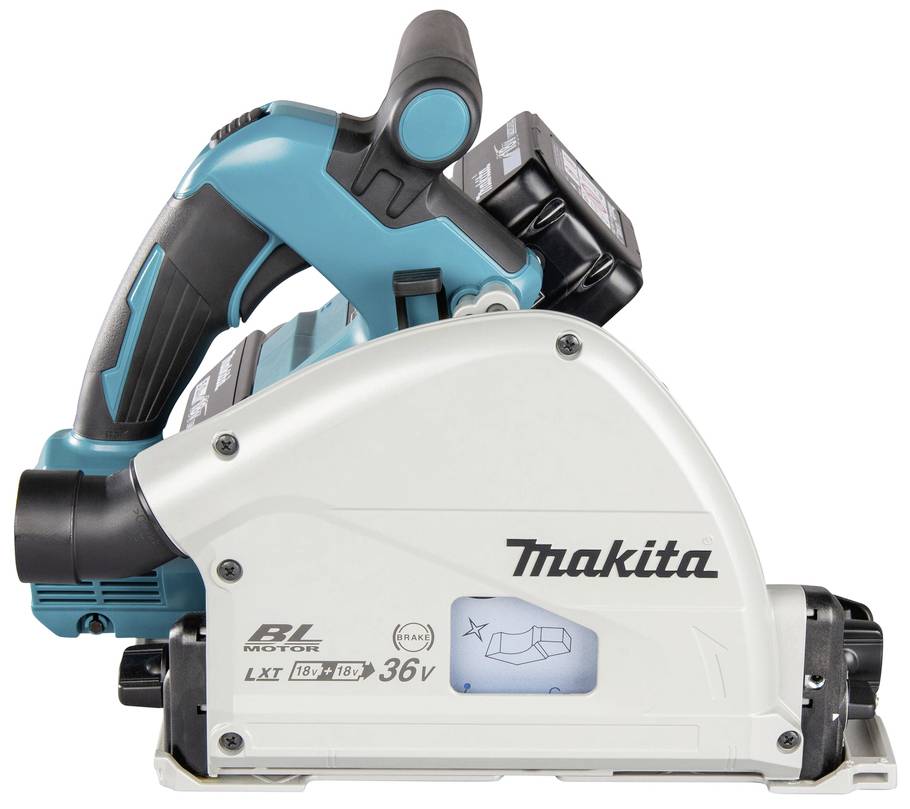 Kabellose Handkreissäge von Makita, Modell mit Akkuantrieb, weiß und blau, seitliche Ansicht.