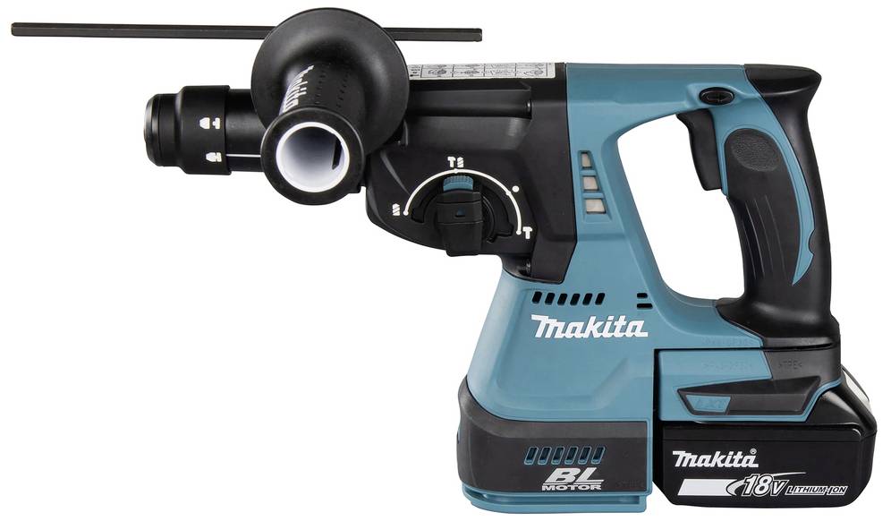 Ein kabelloser Bohrhammer von Makita mit blau-schwarzem Design, seitlichem Griff und 18V Lithium-Ionen-Akku, geeignet für schwere Bohrarbeiten.
