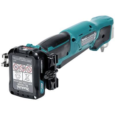 Ein kabelloses, blaues Elektrowerkzeug mit Akku, links die Schaltfläche zur Entriegelung. Geeignet für handwerkliche Arbeiten.