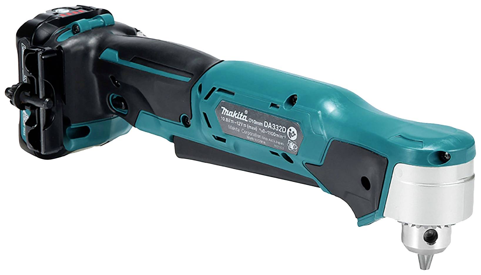 Ein kabelloser 18-V-Winkelbohrschrauber von Makita, mit blau-schwarzem Gehäuse und silbernem Bohrfutter, seitlich abgebildet.