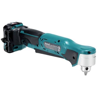 Ein kabelloser 18-V-Winkelbohrschrauber von Makita, mit blau-schwarzem Gehäuse und silbernem Bohrfutter, seitlich abgebildet.