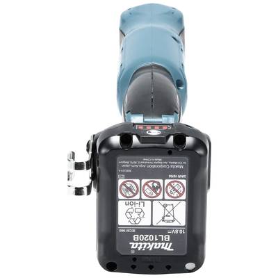 Ein blaues Elektrowerkzeug mit schwarzem Griff, Label zeigt Modell 'BL1020B', 10,8V, Warnsymbole für Sicherheitshinweise.