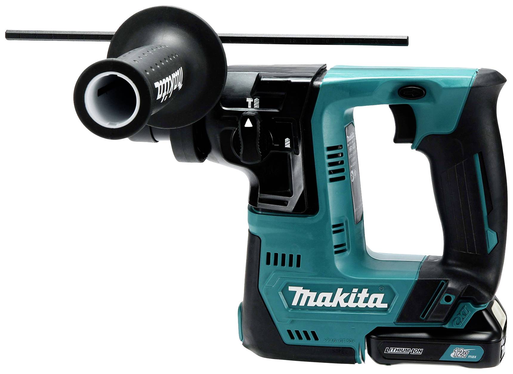 Akkuschrauber von Makita mit ergonomischem Griff und Zusatzhandgriff für besseren Halt.