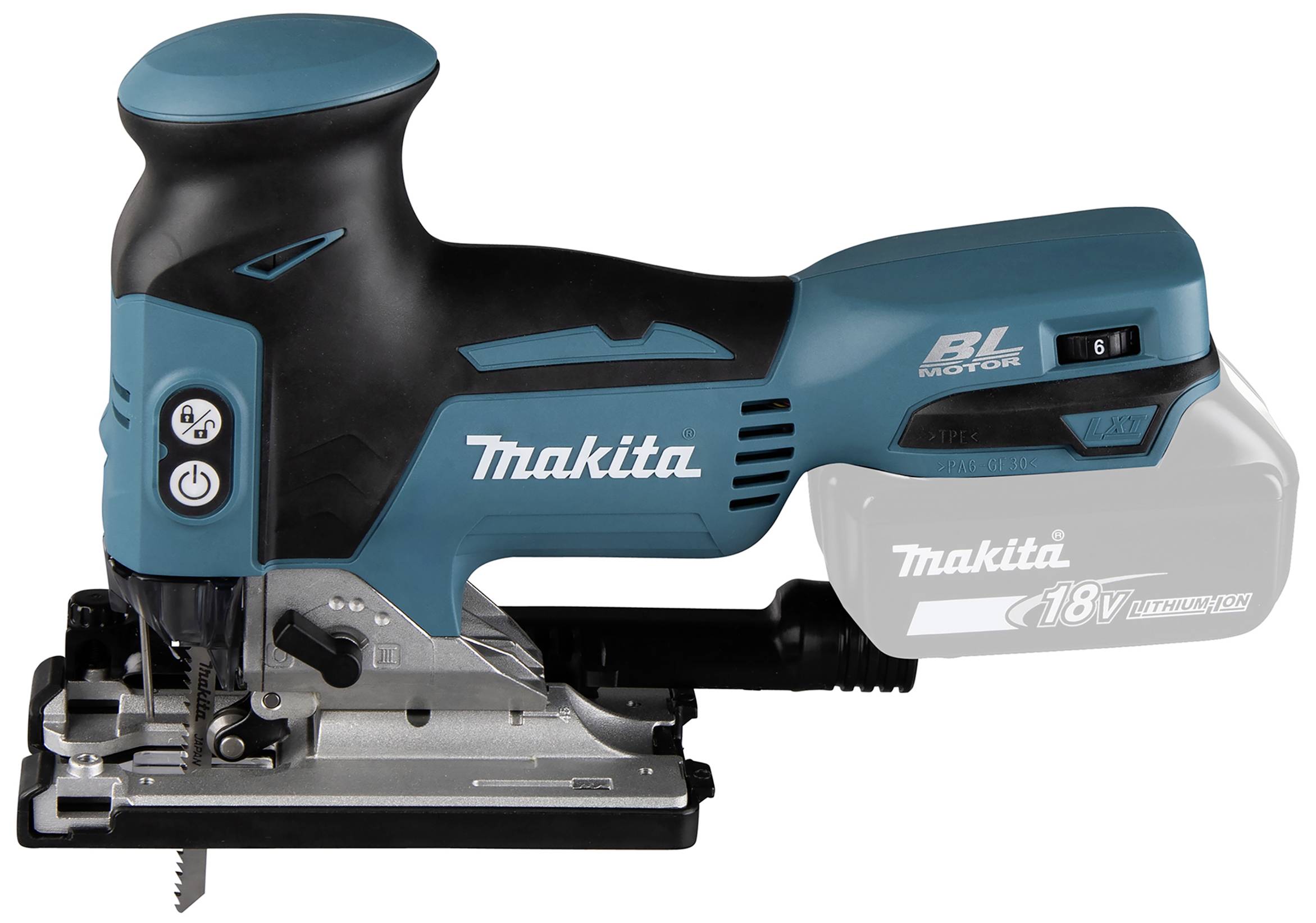 Eine blaue, kabellose Stichsäge von Makita mit 18V-Akku. Die Säge hat eine ergonomische Form und eine schwarze Griffoberfläche.