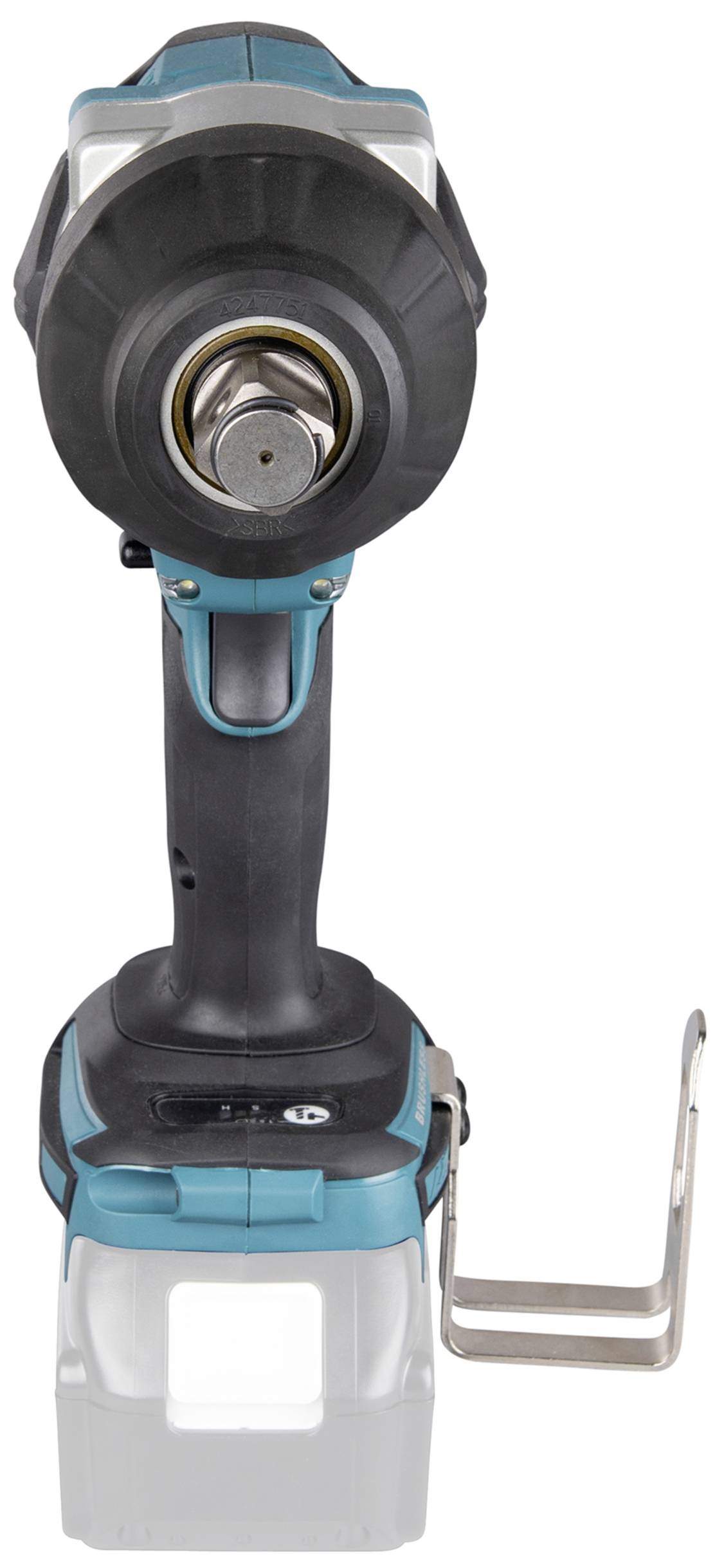 Ein kabelloser Schlagschrauber, von vorne gesehen, mit einem robusten Design und einem ergonomischen Griff, ohne Batterieeinsatz.