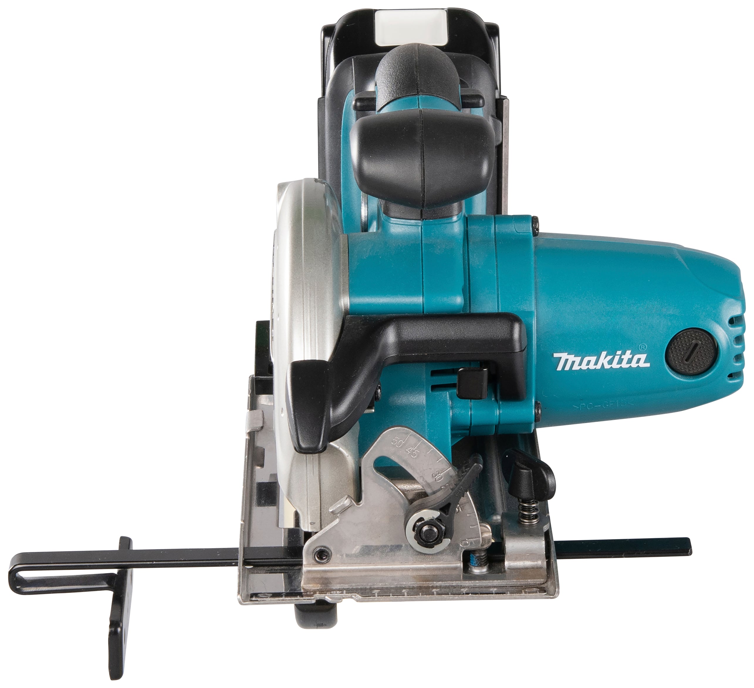 Eine blaue Handkreissäge auf einem weißen Hintergrund, frontal fotografiert.