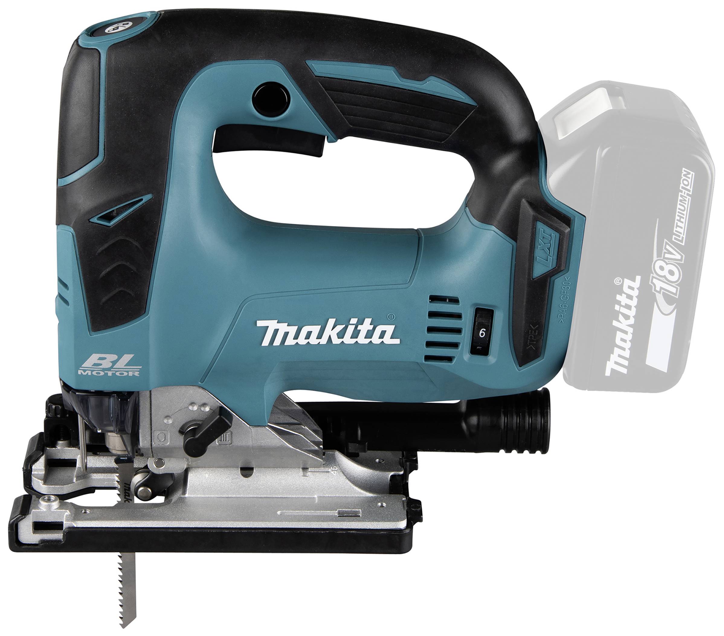 'Akkustichsäge von Makita, kabelloses Modell mit 18V-Batterie, blau-schwarzes Design, geeignet für präzises Schneiden von Holz.'